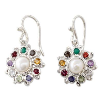 Alternate image for Silver Earrings Handcrafted with Cultured Pearl and Gems Rainbow Halo