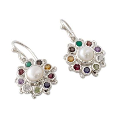 Alternate image for Silver Earrings Handcrafted with Cultured Pearl and Gems Rainbow Halo