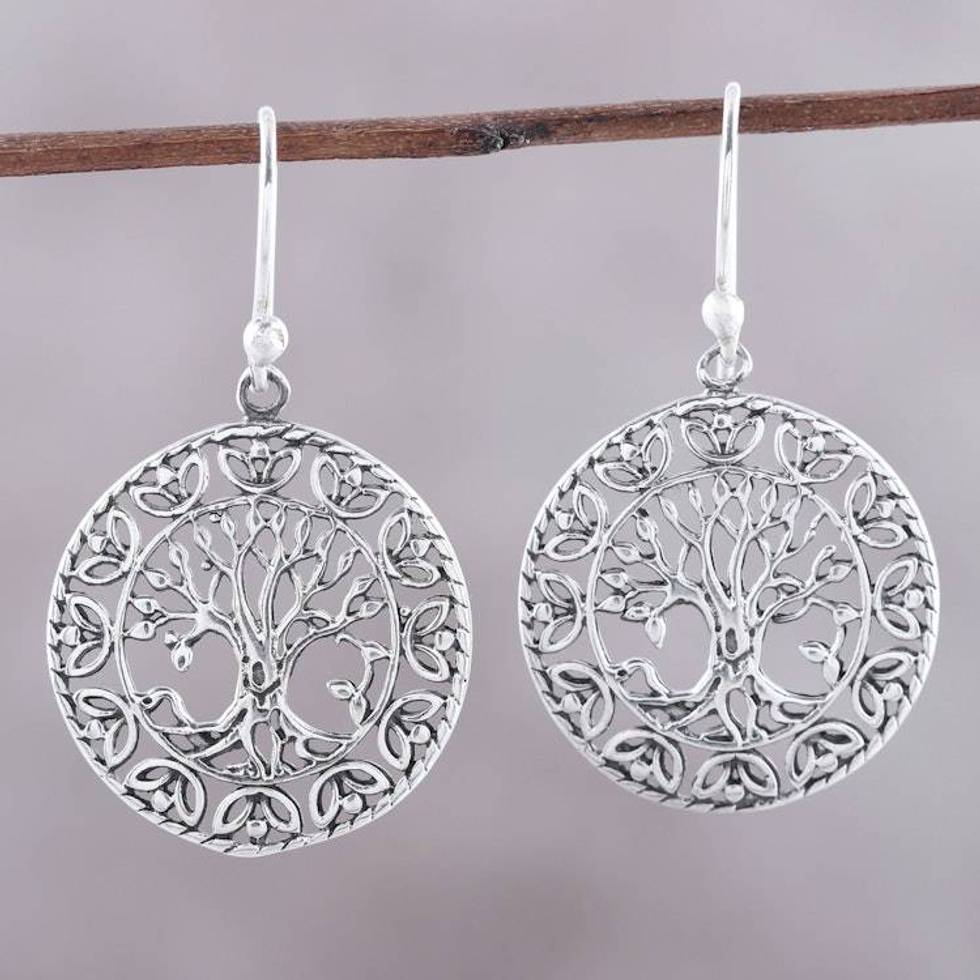 Tree Motif Sterling Silver Dangle Earrings from India 'Arbor Majesty'