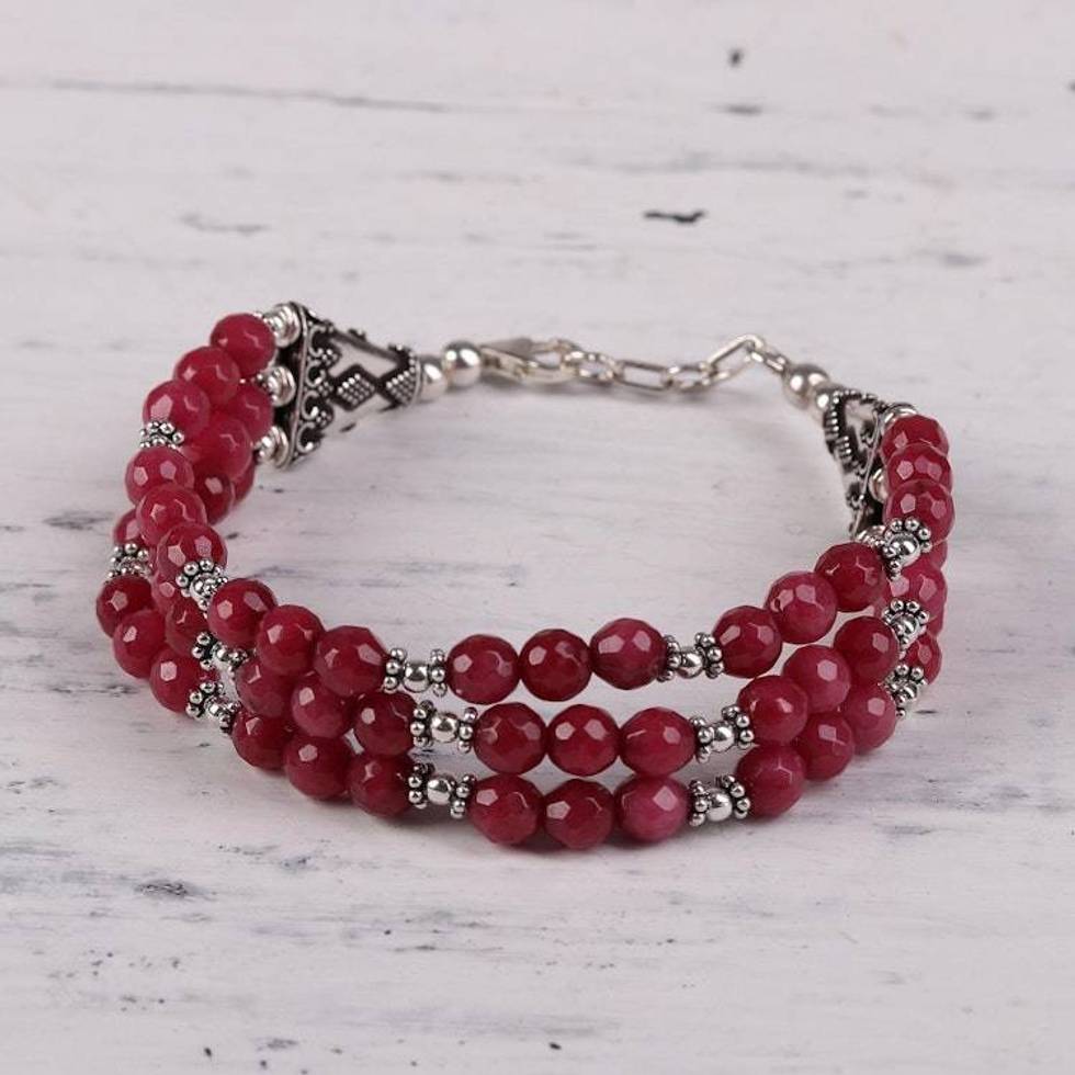 Hand Crafted Cerise Aventurine Beaded Bracelet from India 'Elegant Trinity in Cerise'