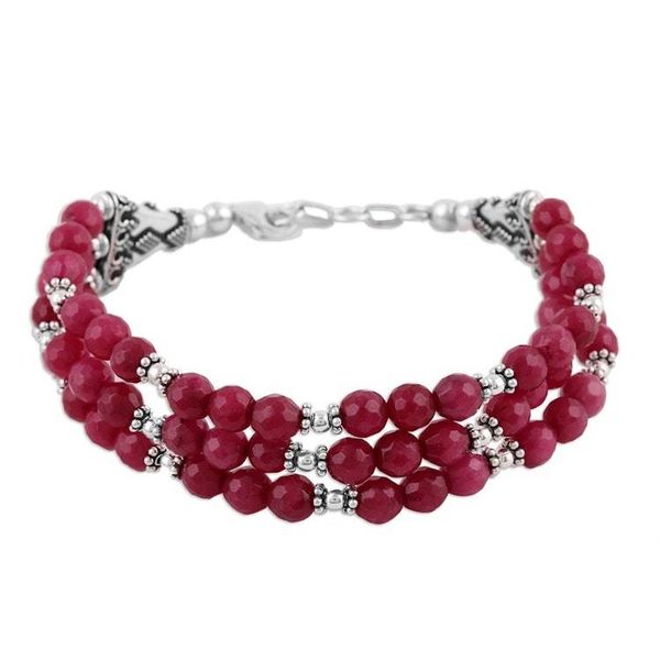 Alternate image for Hand Crafted Cerise Aventurine Beaded Bracelet from India Elegant Trinity in Cerise