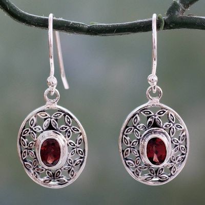 Primary image for Flower Themed Garnet Dangle Earrings in Sterling Silver Coy Crimson