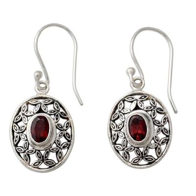 Alternate image for Flower Themed Garnet Dangle Earrings in Sterling Silver Coy Crimson