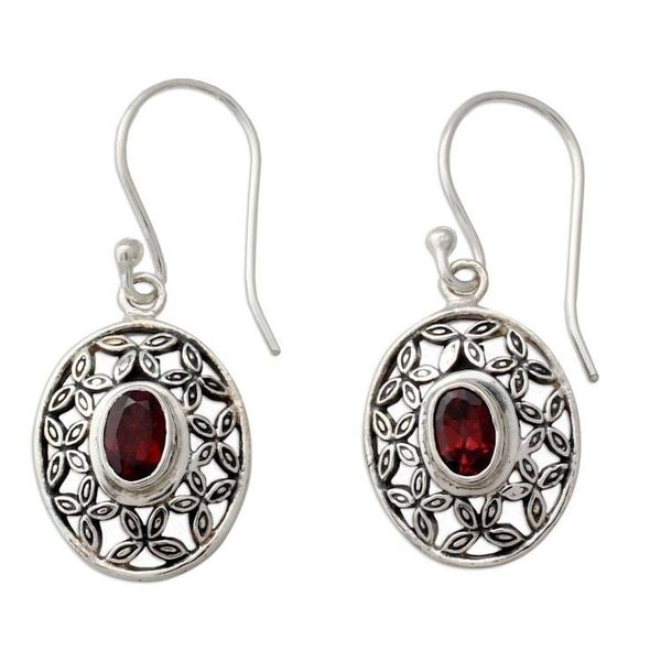 Alternate image for Flower Themed Garnet Dangle Earrings in Sterling Silver Coy Crimson
