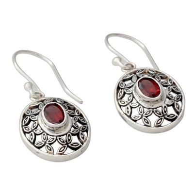 Alternate image for Flower Themed Garnet Dangle Earrings in Sterling Silver Coy Crimson