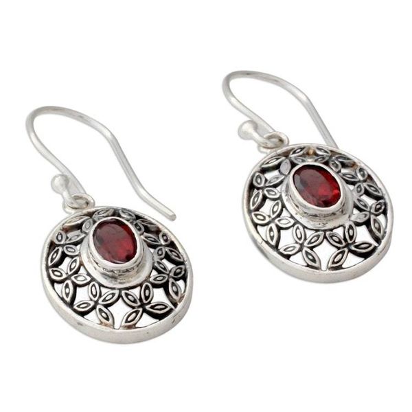 Alternate image for Flower Themed Garnet Dangle Earrings in Sterling Silver Coy Crimson