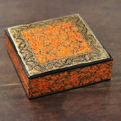 Alternate image for Orange Floral Motif Papier Mache Coasters Set of 6 Kashmir Warmth