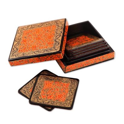 Alternate image for Orange Floral Motif Papier Mache Coasters Set of 6 Kashmir Warmth