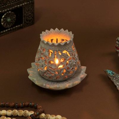 Primary image for Hand-Carved Lotus-Inspired Soapstone Tealight Candleholder Whispering Vines