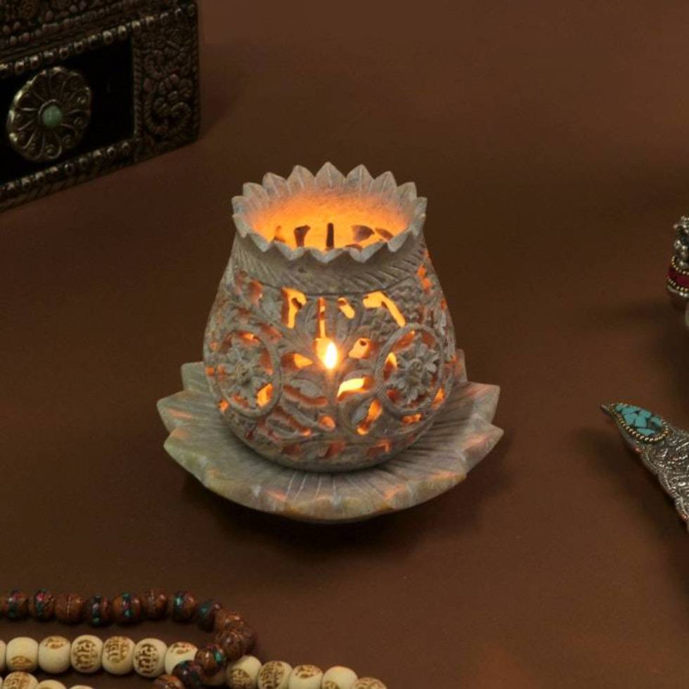 Hand-Carved Lotus-Inspired Soapstone Tealight Candleholder 'Whispering Vines'