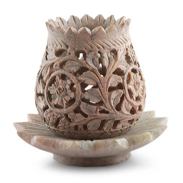Alternate image for Hand-Carved Lotus-Inspired Soapstone Tealight Candleholder Whispering Vines