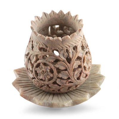 Alternate image for Hand-Carved Lotus-Inspired Soapstone Tealight Candleholder Whispering Vines