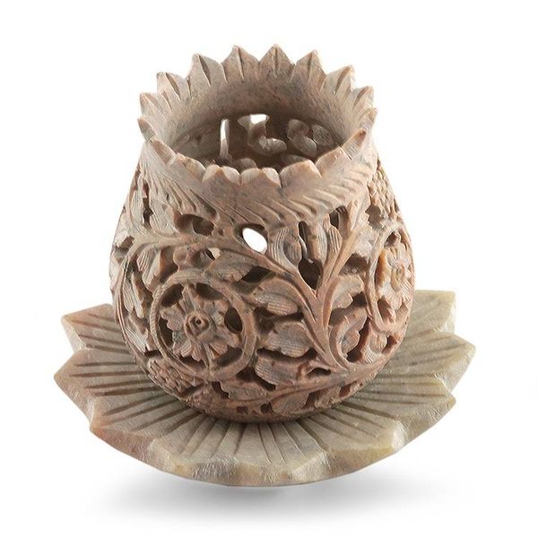 Alternate image for Hand-Carved Lotus-Inspired Soapstone Tealight Candleholder Whispering Vines