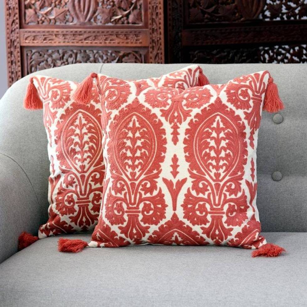 Deep Rose and Alabaster Cotton Cushion Covers Pair 'Deep Rose Harmony'
