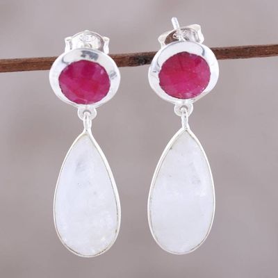 Alternate image for Rainbow Moonstone and Ruby Sterling Silver Dangle Earrings Sunrise Princess