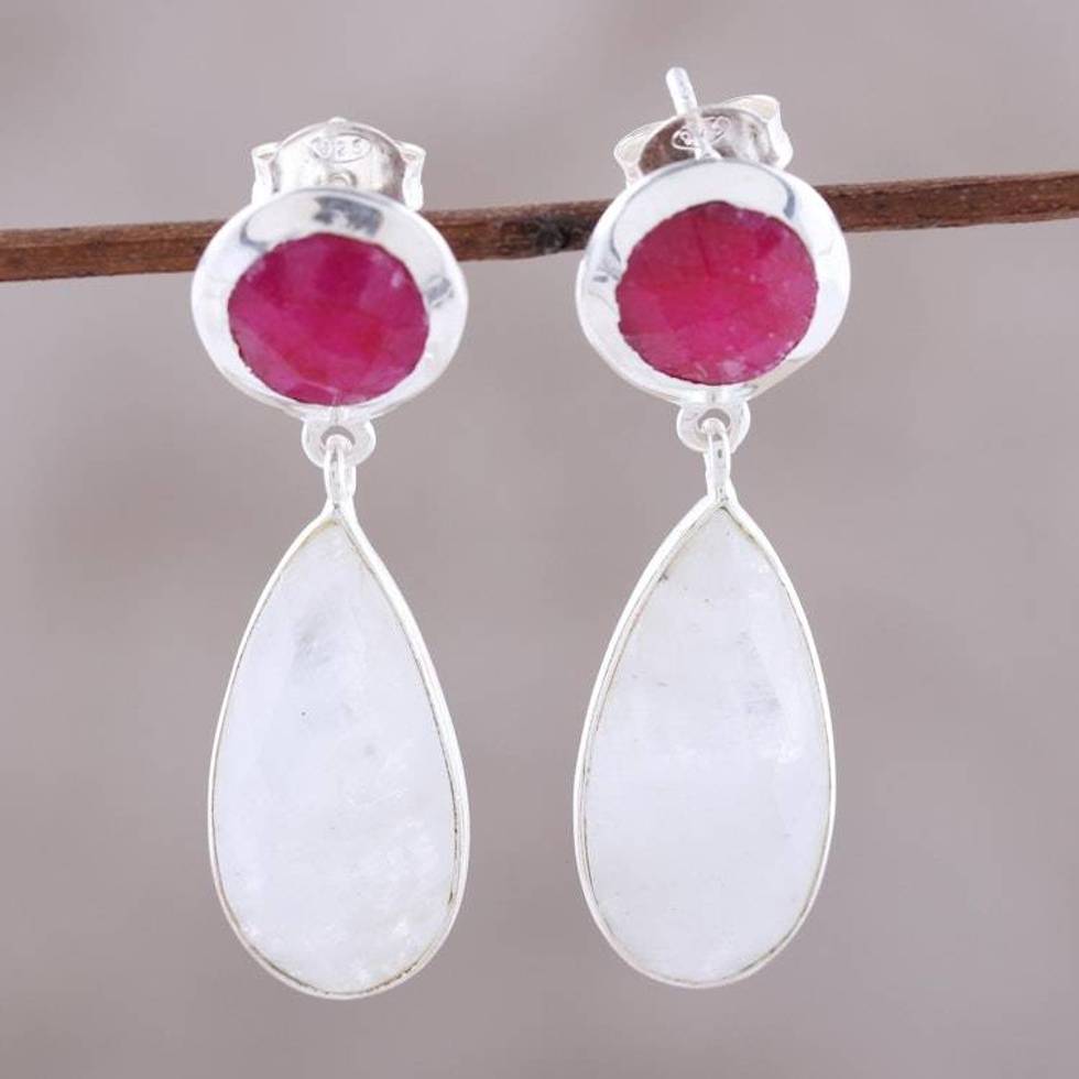 Rainbow Moonstone and Ruby Sterling Silver Dangle Earrings 'Sunrise Princess'