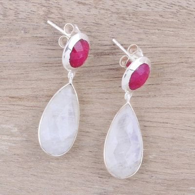 Alternate image for Rainbow Moonstone and Ruby Sterling Silver Dangle Earrings Sunrise Princess