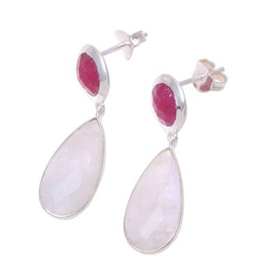 Alternate image for Rainbow Moonstone and Ruby Sterling Silver Dangle Earrings Sunrise Princess
