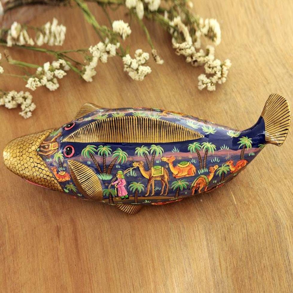 Hand-Painted Wood and Papier Mache Decorative Box from India 'Fish of Secrets'
