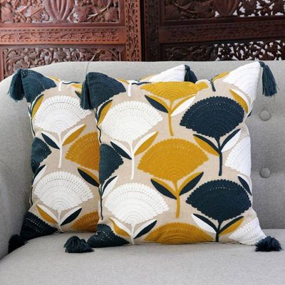 Primary image for Floral Cotton Cushion Covers with Tassels from India Pair Chic Bouquet