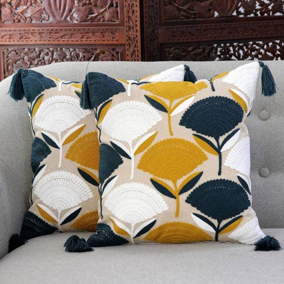 Floral Cotton Cushion Covers with Tassels from India Pair 'Chic Bouquet'