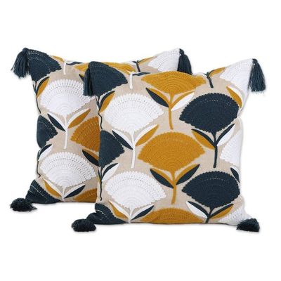 Alternate image for Floral Cotton Cushion Covers with Tassels from India Pair Chic Bouquet