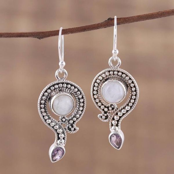 Alternate image for Rainbow Moonstone and Amethyst Dangle Earrings from India Graceful Query