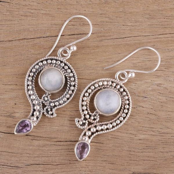 Alternate image for Rainbow Moonstone and Amethyst Dangle Earrings from India Graceful Query