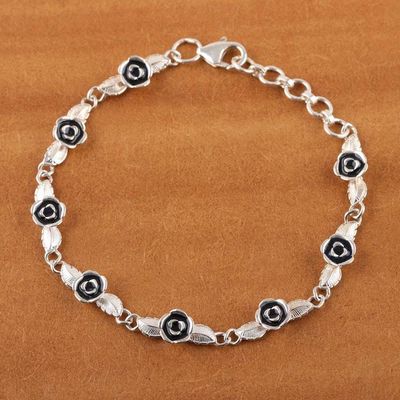Primary image for Rose-Themed Sterling Silver Link Bracelet with Blue Accents Blue Rose Bouquet