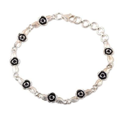 Alternate image for Rose-Themed Sterling Silver Link Bracelet with Blue Accents Blue Rose Bouquet