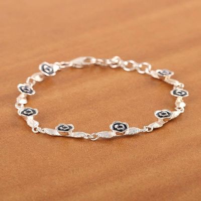 Alternate image for Rose-Themed Sterling Silver Link Bracelet with Blue Accents Blue Rose Bouquet