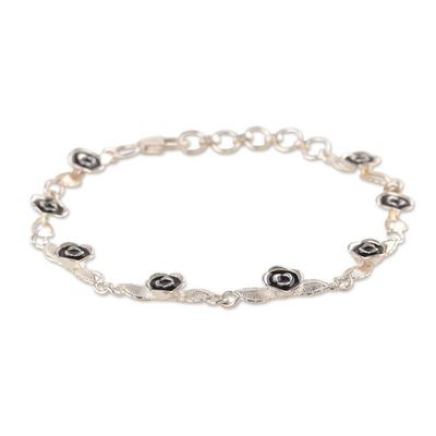 Alternate image for Rose-Themed Sterling Silver Link Bracelet with Blue Accents Blue Rose Bouquet