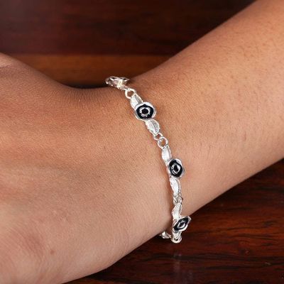 Alternate image for Rose-Themed Sterling Silver Link Bracelet with Blue Accents Blue Rose Bouquet