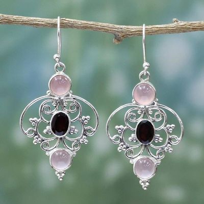 Alternate image for Sterling Silver Garnet Chalcedony Dangle Earrings from India Glistening Jaipur
