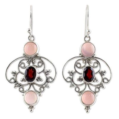 Alternate image for Sterling Silver Garnet Chalcedony Dangle Earrings from India Glistening Jaipur
