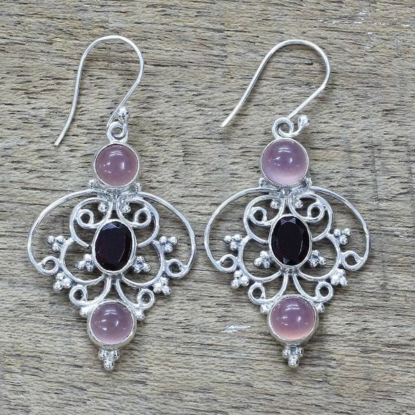 Alternate image for Sterling Silver Garnet Chalcedony Dangle Earrings from India Glistening Jaipur