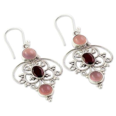 Alternate image for Sterling Silver Garnet Chalcedony Dangle Earrings from India Glistening Jaipur