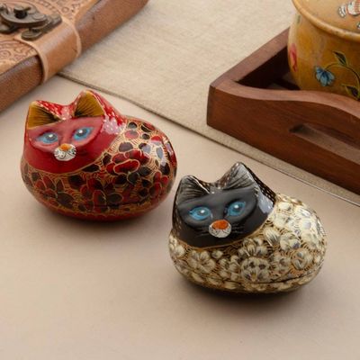 Alternate image for 2 Cat-Themed Papier Mache Decorative Boxes with Floral Motif Regal Felines