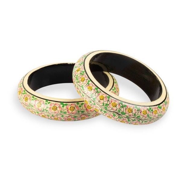 Alternate image for Artisan-Made Floral Hand-Painted Wood Bangle Bracelet Pair Whispering Blossoms