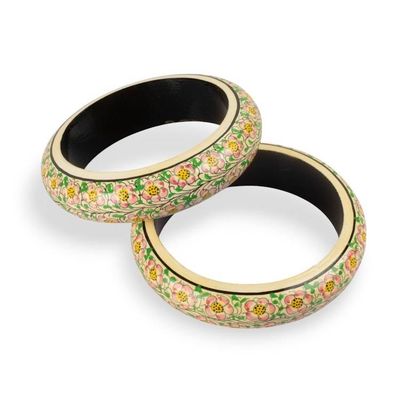 Alternate image for Artisan-Made Floral Hand-Painted Wood Bangle Bracelet Pair Whispering Blossoms