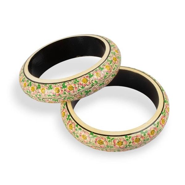 Alternate image for Artisan-Made Floral Hand-Painted Wood Bangle Bracelet Pair Whispering Blossoms