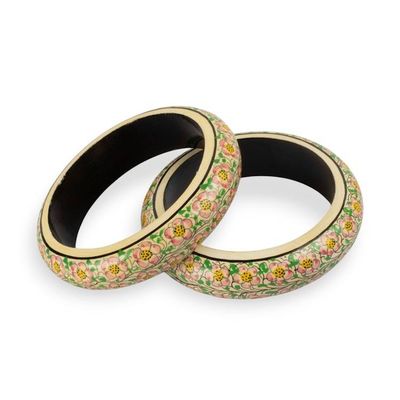 Alternate image for Artisan-Made Floral Hand-Painted Wood Bangle Bracelet Pair Whispering Blossoms