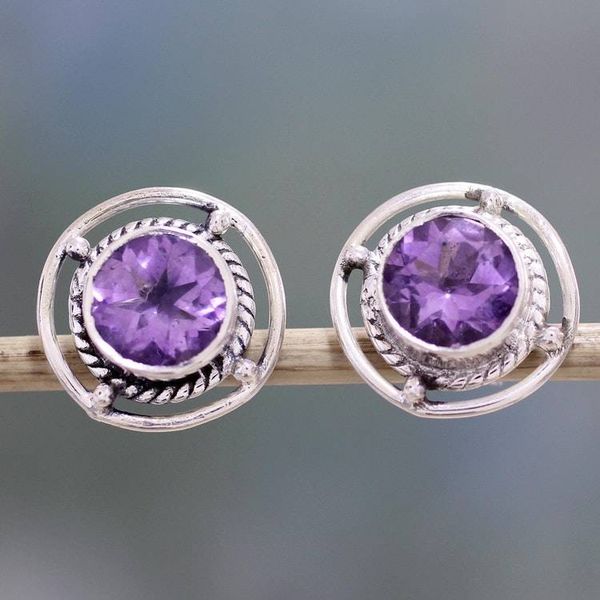 Alternate image for Amethyst and Sterling Silver Stud Earrings from India Purple Wheels
