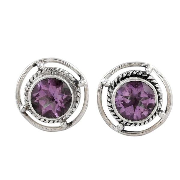 Alternate image for Amethyst and Sterling Silver Stud Earrings from India Purple Wheels