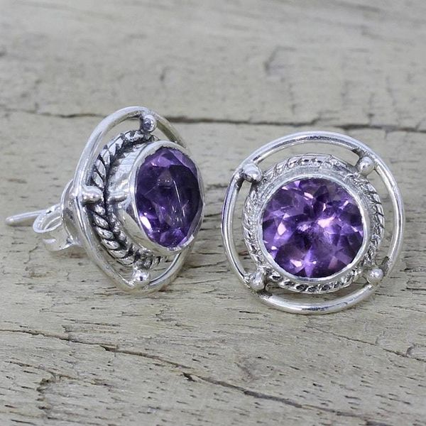 Alternate image for Amethyst and Sterling Silver Stud Earrings from India Purple Wheels