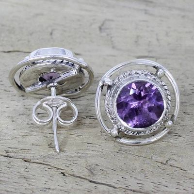 Alternate image for Amethyst and Sterling Silver Stud Earrings from India Purple Wheels