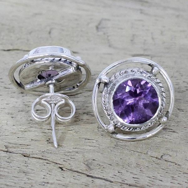 Alternate image for Amethyst and Sterling Silver Stud Earrings from India Purple Wheels