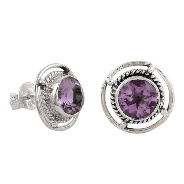 Alternate image for Amethyst and Sterling Silver Stud Earrings from India Purple Wheels
