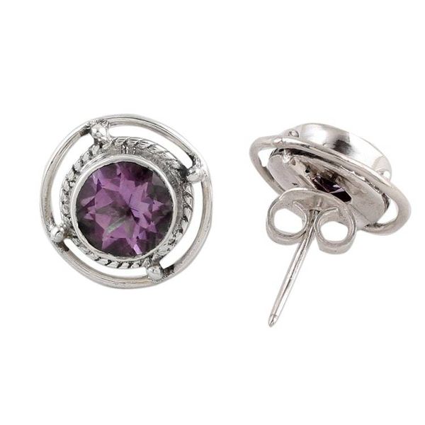 Alternate image for Amethyst and Sterling Silver Stud Earrings from India Purple Wheels