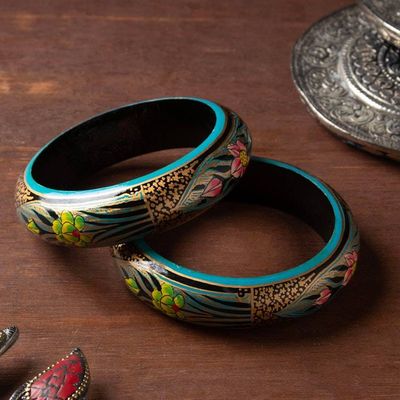 Alternate image for Spring-Themed Golden and Blue Wood Bangle Bracelet Pair Golden Damsel